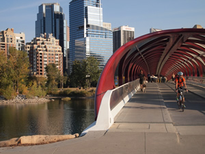 Commuters on Calgary’s Peace Bridge.