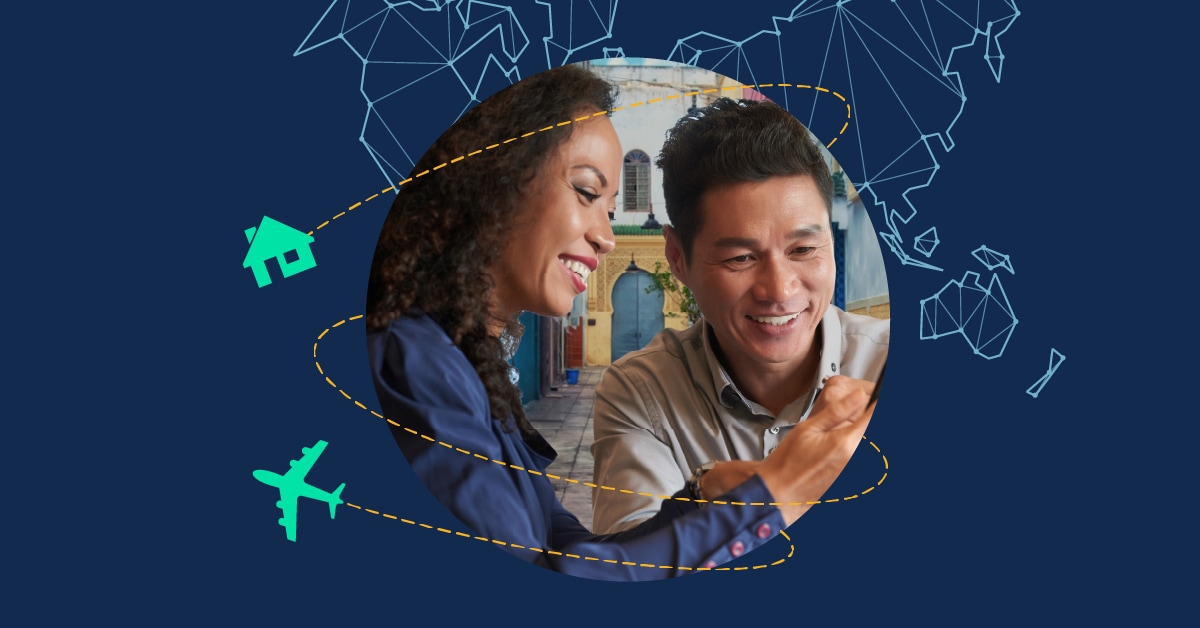 Image with navy blue background featuring two people smiling surrounded by a circle and elements.