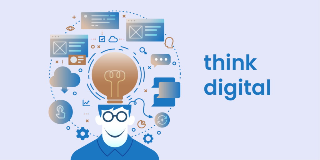 Think digital | An animated person with elements above their head representing information.