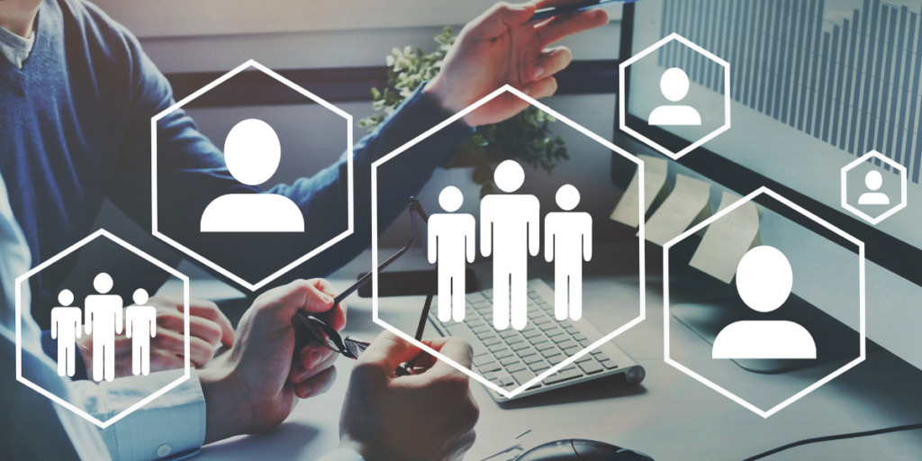 An image with a person reviewing a chart on a computer monitor with elements of people over top.