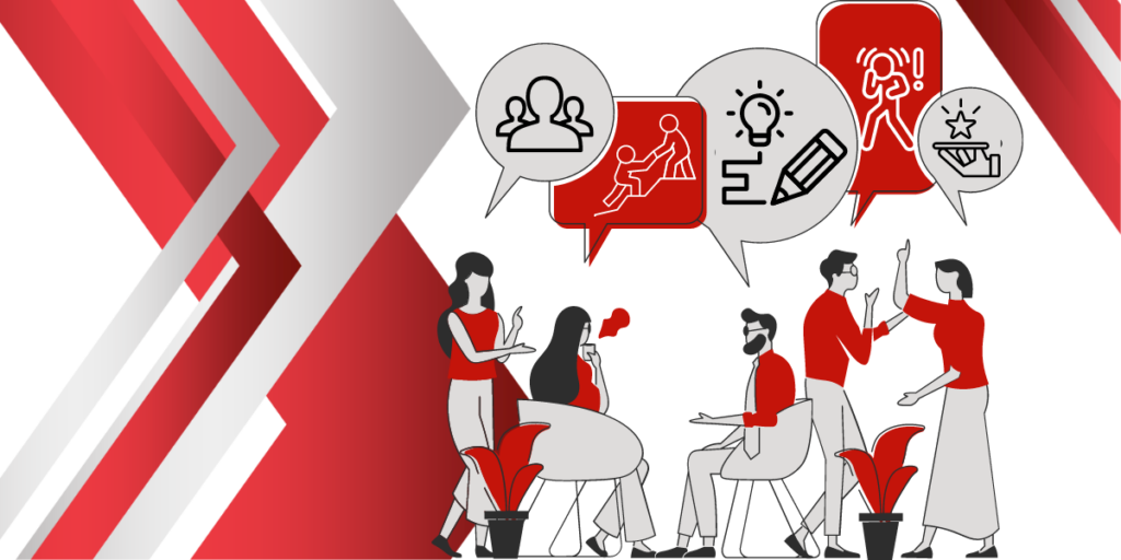 Grey and red image with various elements and figures working together to solve problems.