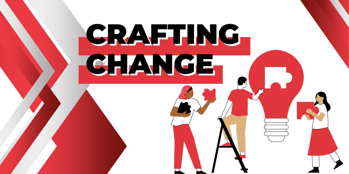 Crafting Change - Red and white image with figures working together on a puzzle.