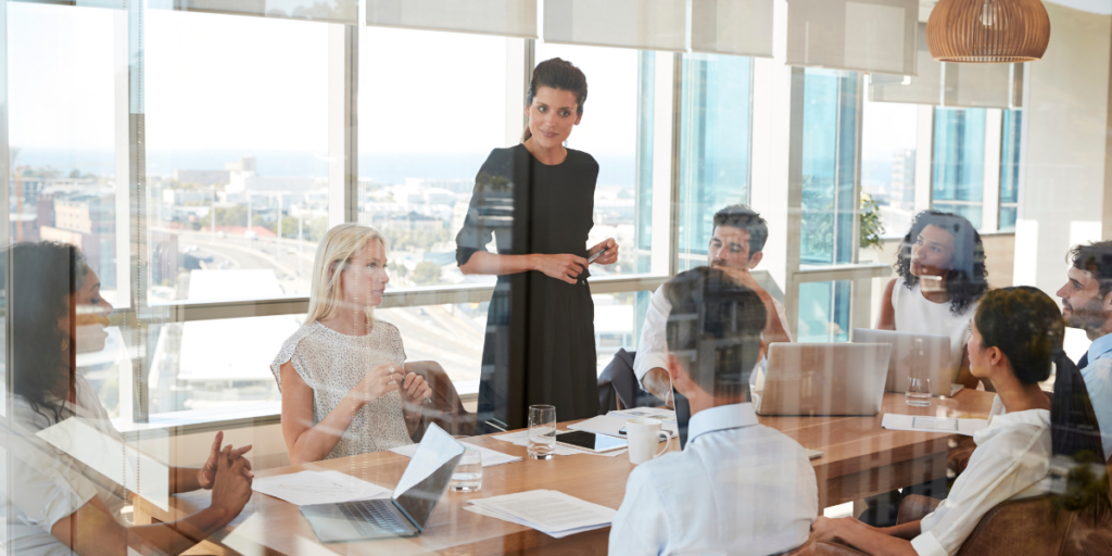 A woman standing at a boardroom table presenting to a group of people.