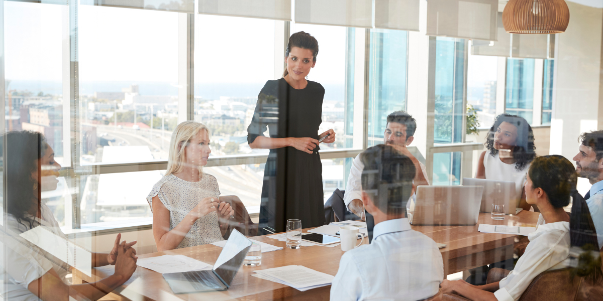A woman standing at a boardroom table presenting to a group of people.