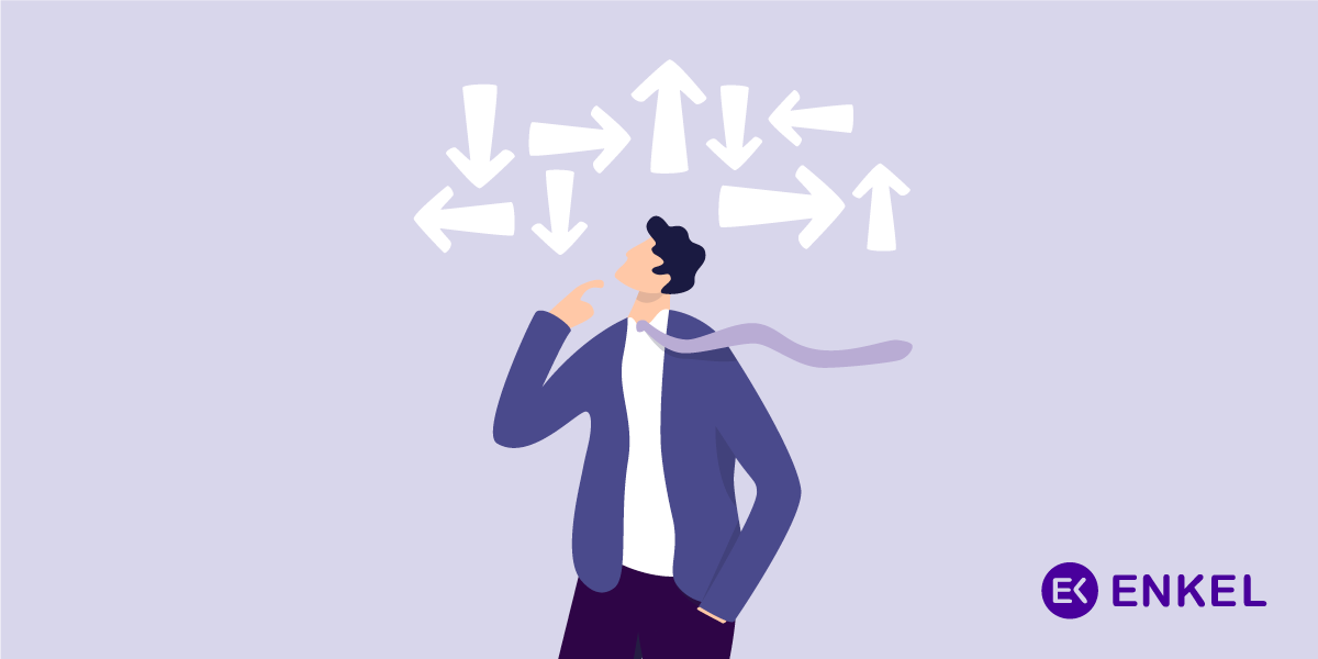 The Enkel logo in purple with a large E at the forefront. A purple background with an animated man pondering.