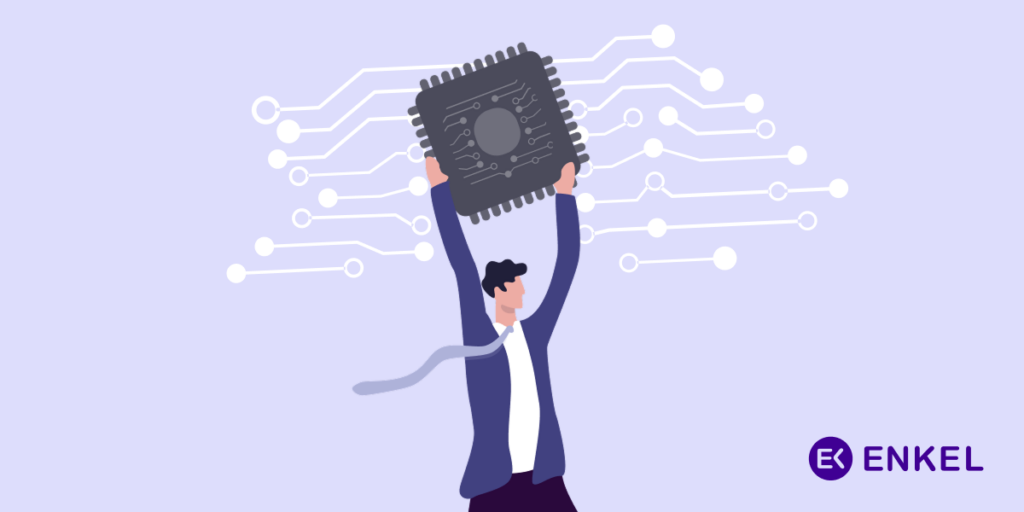 Enkel logo in purple featuring "EK" in a purple circle. An animated person is holding a gigabit.