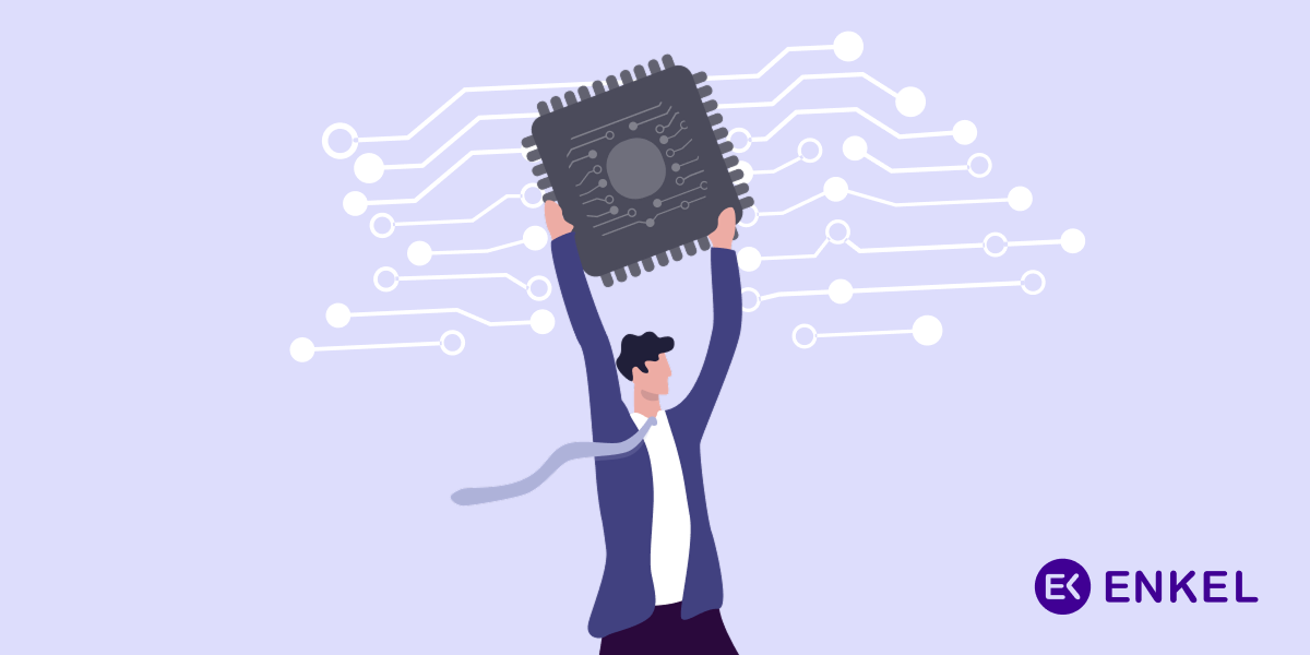 Enkel logo in purple featuring "EK" in a purple circle. An animated person is holding a gigabit.