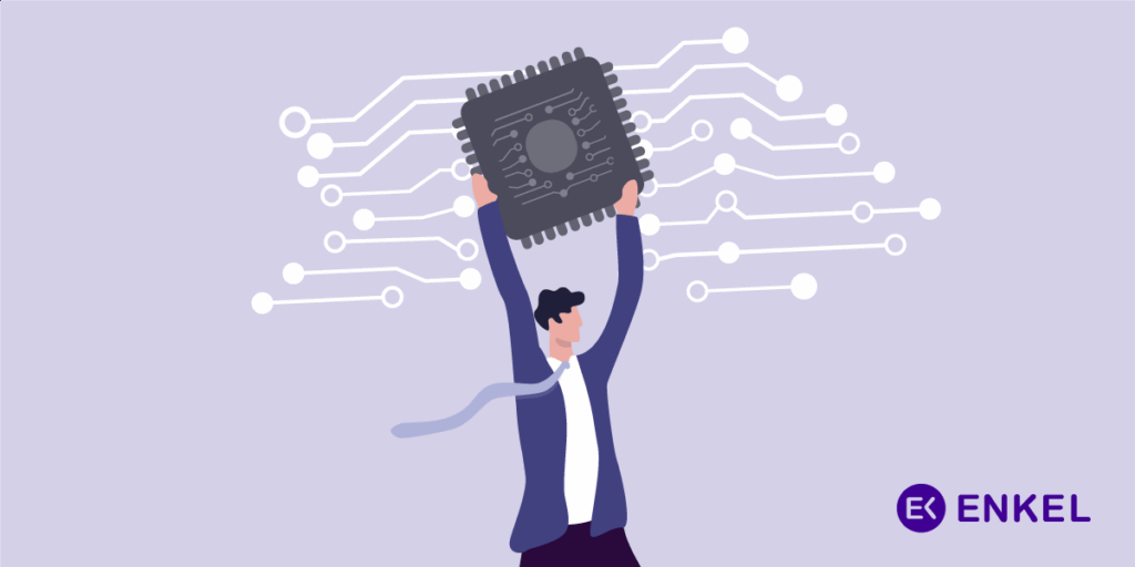 A purple and white graphic with the Enkel logo and a figure holding a data card with networks surrounding it.