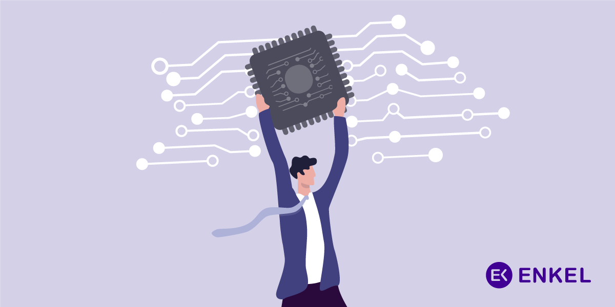 A purple and white graphic with the Enkel logo and a figure holding a data card with networks surrounding it.