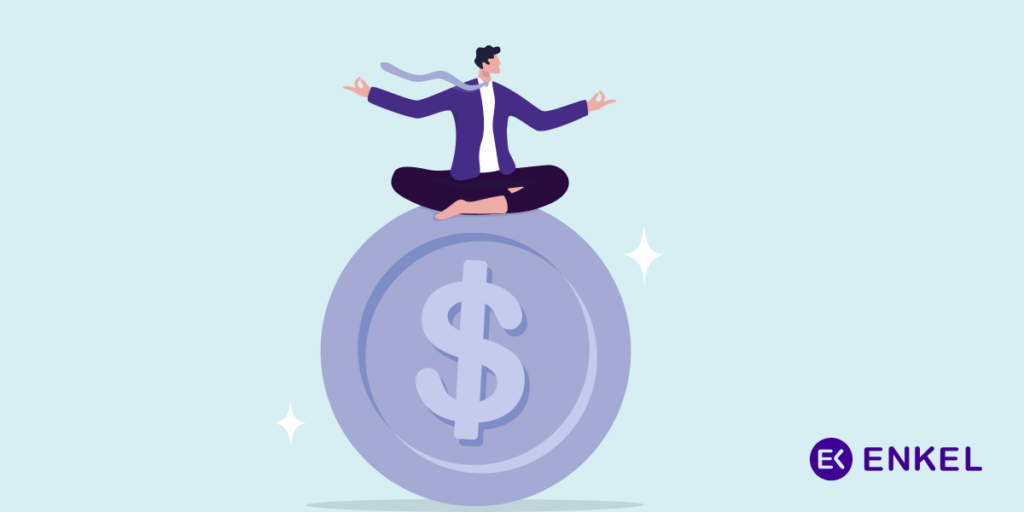 Enkel logo in purple featuring "EK" in a purple circle. Animated person sitting on top of dollar sign.