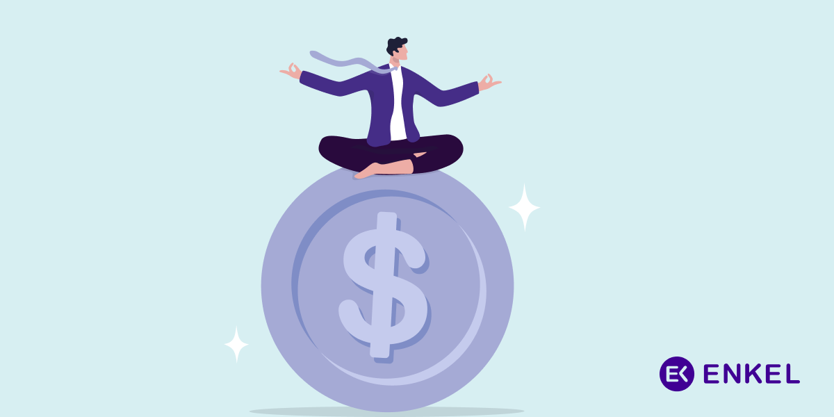 Enkel logo in purple featuring "EK" in a purple circle. Animated person sitting on top of dollar sign.