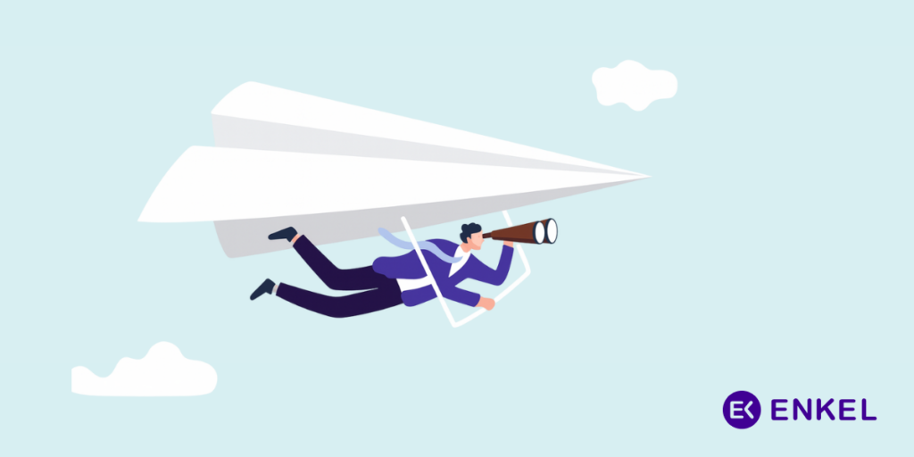 The Enkel blue logo, and an animated man is paragliding holding binoculars.
