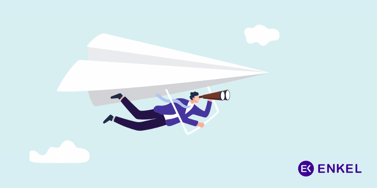 The Enkel blue logo, and an animated man is paragliding holding binoculars.