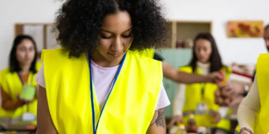 A woman in a yellow vest is volunteering in a food bank.