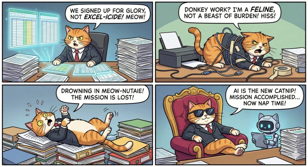 We signed up for glory not excel-icide! Meow! Donkey work? I'm a feline not a beast of burden! Hiss!! Drowning in meow-nutaie! The mission is lost. AI is the new catnip mission accomplished, now nap time!