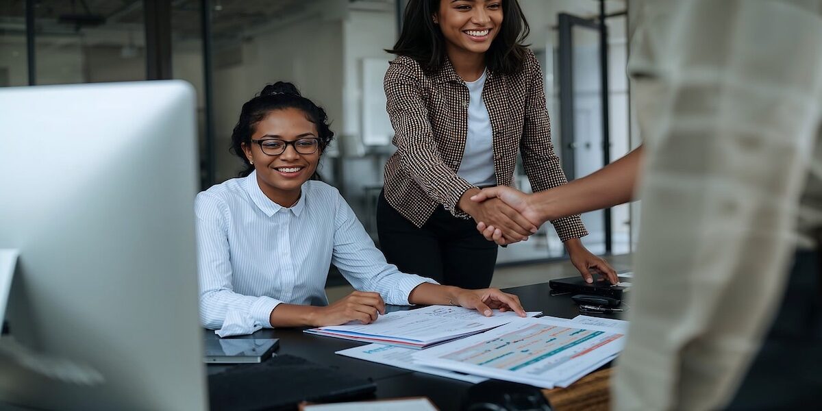 Three people are meeting in a boardroom. One woman is leaned over the boardroom table shaking a person's hand. The other woman is sat at the table working.
