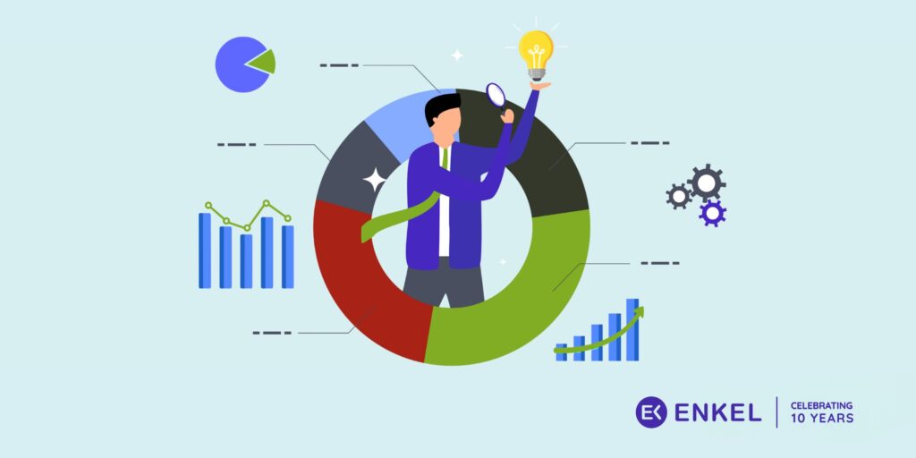 Enkel - Celebrating 10 Years. Graphic with man holding a lightbulb and inspecting it.