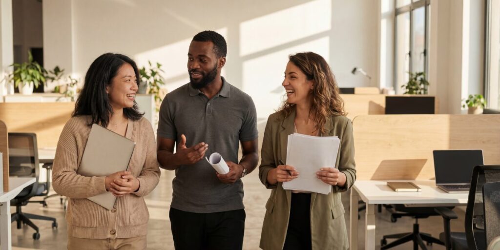 Three people are walking side-by-side in an office space conversing.