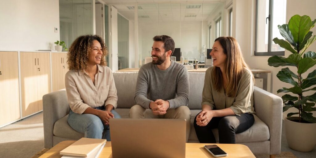 Three people are sat on a couch in an office space conversing.