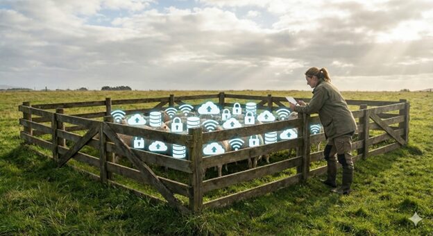 A woman stood around a fenced in area which is filled with AI-generated icons.