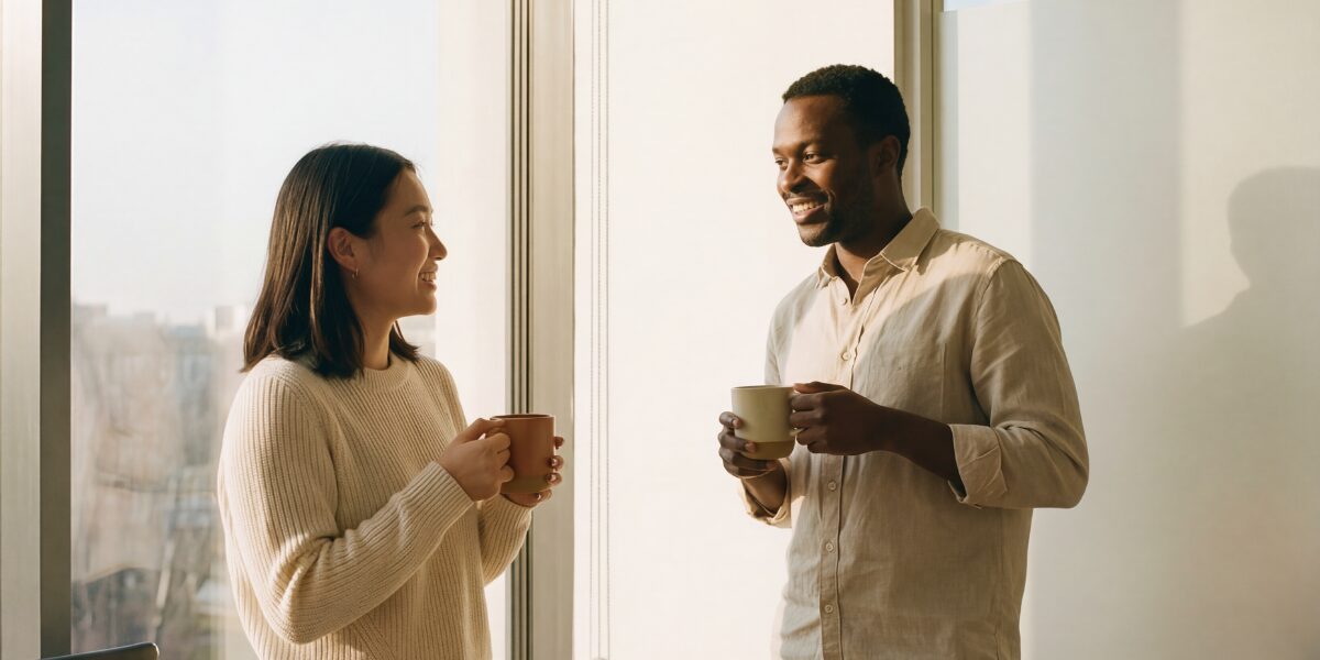 Two people are stood next to a bank of windows in an office space conversing and holding mugs.