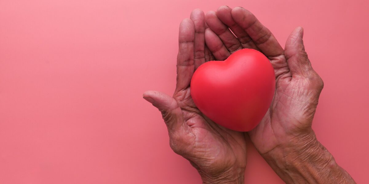 A person is holding a red heart in their hands symbolizing a donation.
