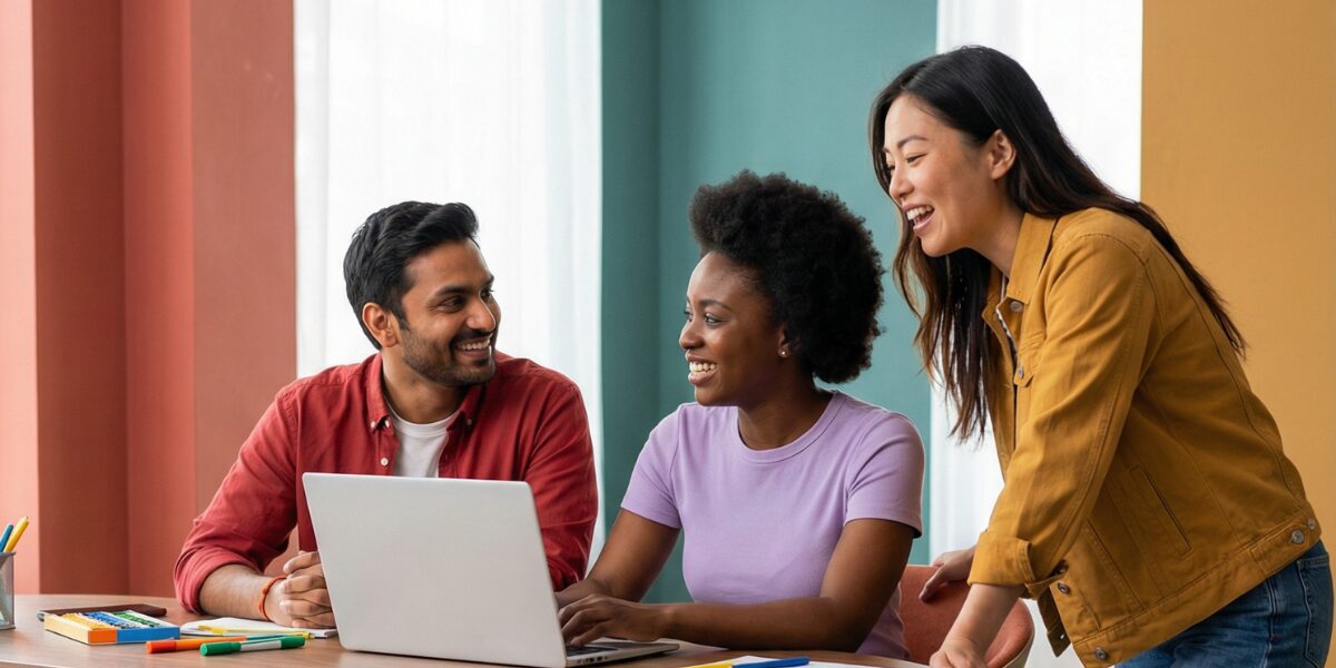 Three people are gathered around a boardroom table conversing and working.