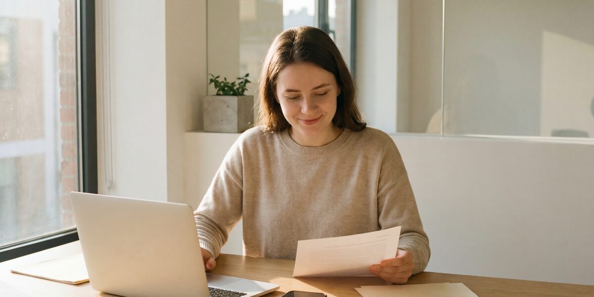 A woman is sat at a desk reviewing paperwork.